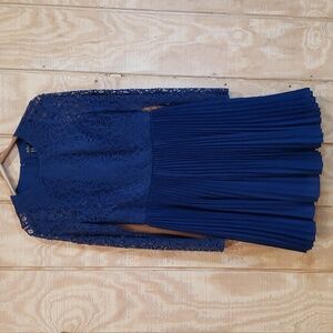 Aidan Mattox Navy Pleated Illusion Lace Fit and Flare Cocktail Dress Siz…